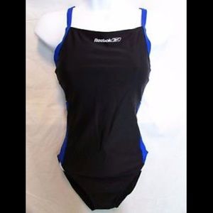 Vintage Reebok square neck contras trim open back competitive one piece swimsuit